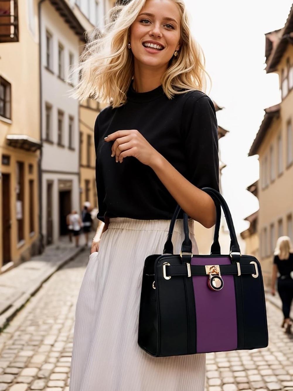 Q1YUER Black & Purple Structured Satchel Handbag Gold Lock Crossbody - Picture 3 of 5